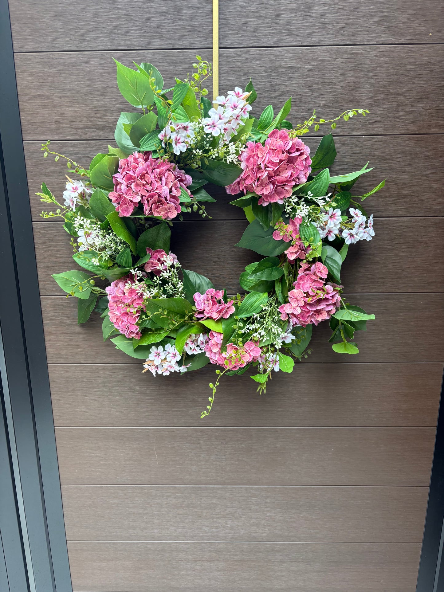 Couronne fleurs artificielles roses hydrangea romantique – porte extérieure