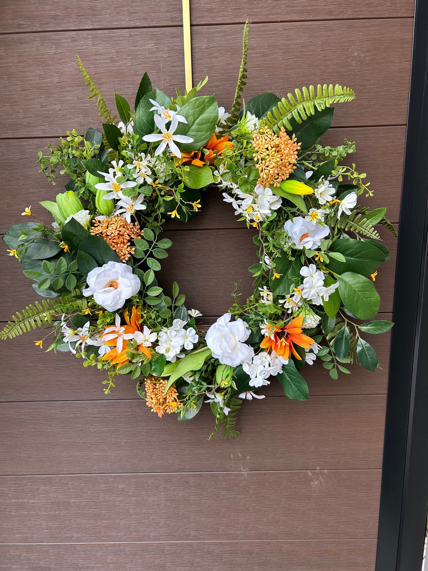 Artificial rustic floral wreath – White magnolia, rudbeckia, and eucalyptus – 23 inches