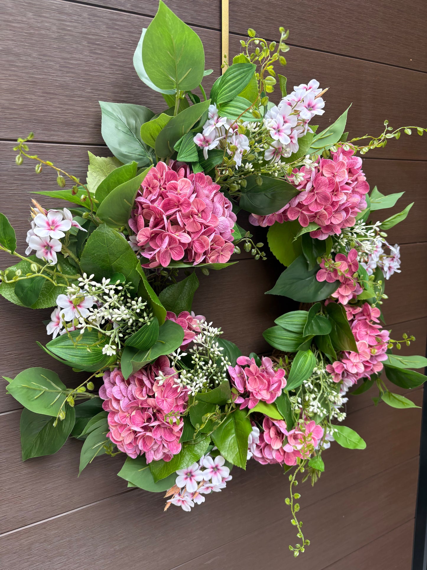 Couronne fleurs artificielles roses hydrangea romantique – porte extérieure