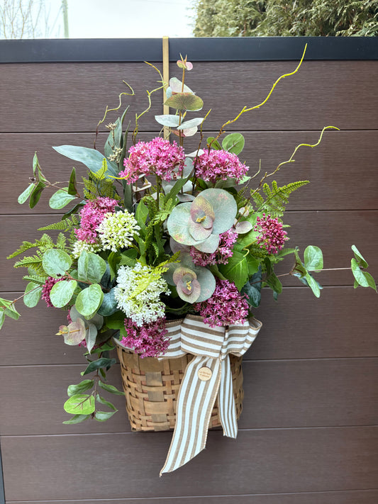Spring wall basket eucalyptus and pink flowers – rustic chic outdoor door decoration