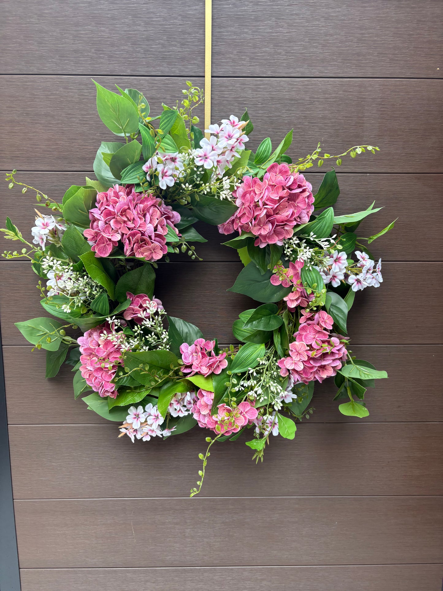 Couronne fleurs artificielles roses hydrangea romantique – porte extérieure