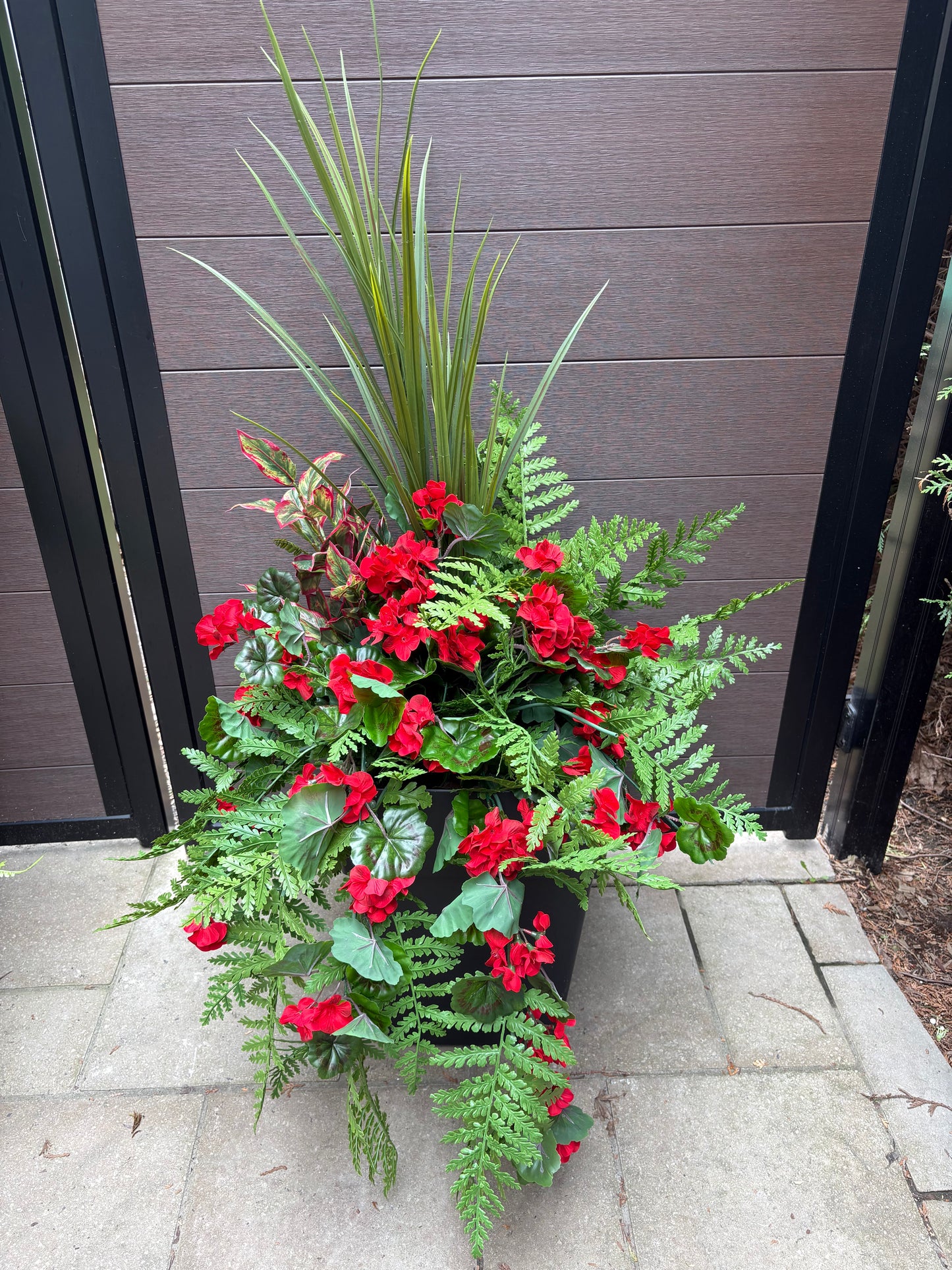 Arrangement extérieur – Géranium, fougère et feuillage panaché