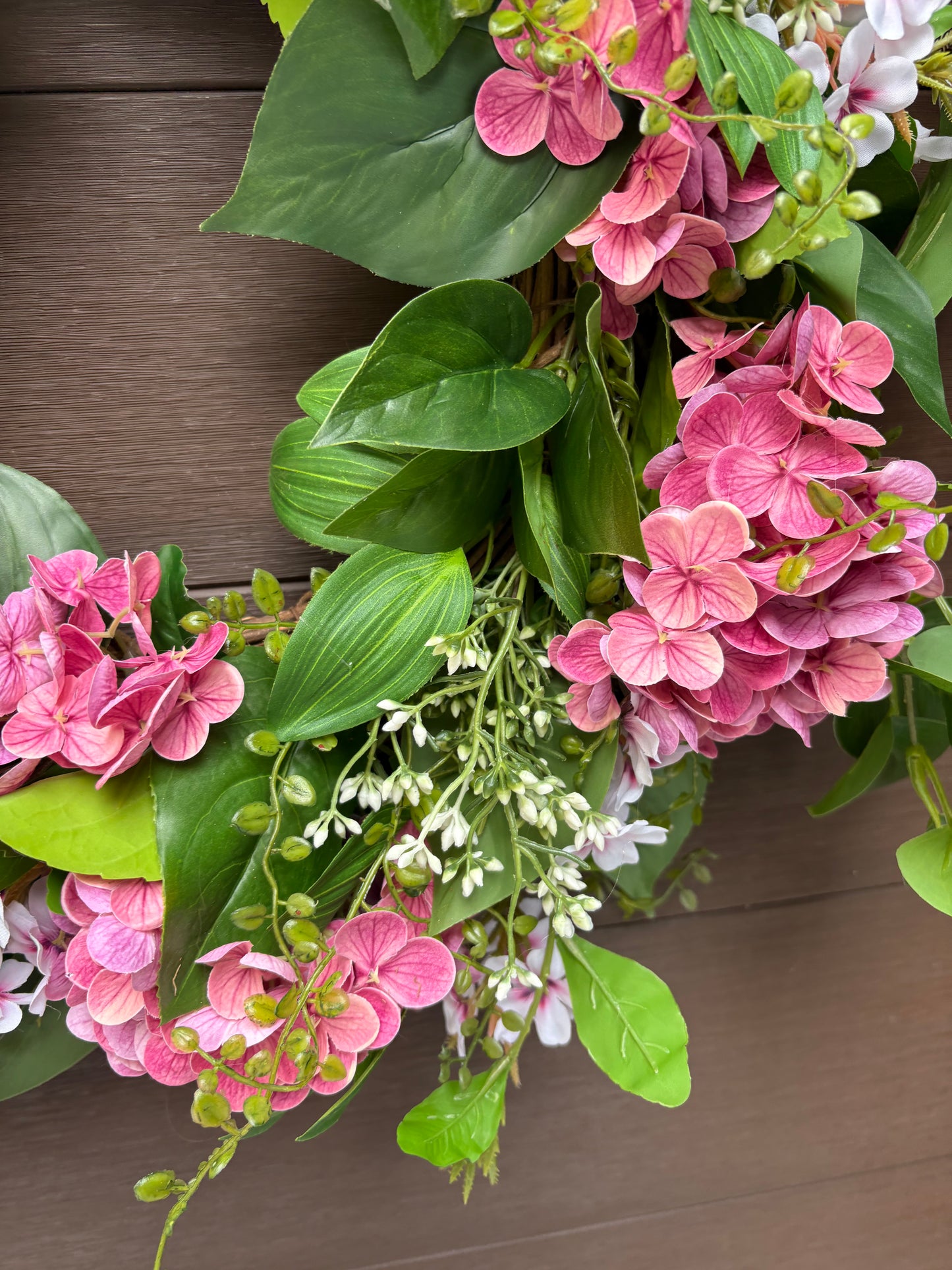 Couronne fleurs artificielles roses hydrangea romantique – porte extérieure
