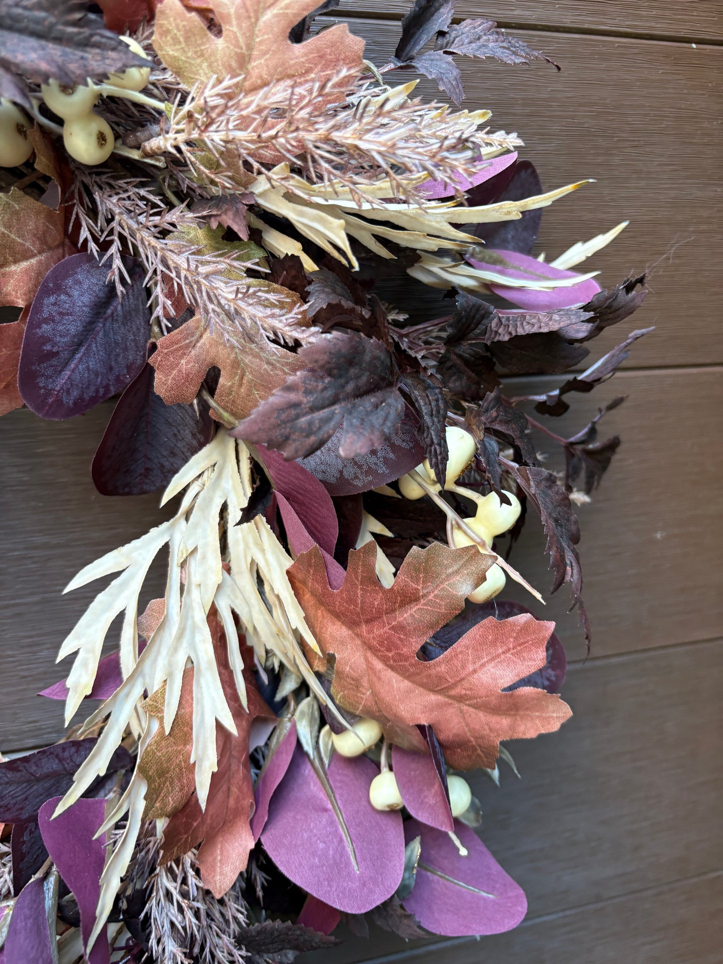 Détail des feuillages bordeaux et cuivrés de la couronne d’automne