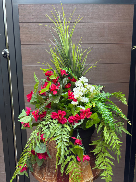 Outdoor arrangement fuchsia azalea, ferns and lush foliage | Rustic chic natural style