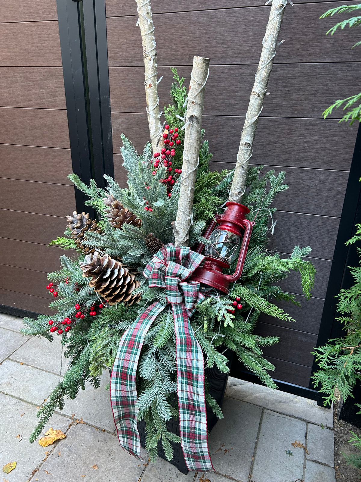 Grand arrangement hivernal extérieur 72 po – Bouleau, verdure et tartan