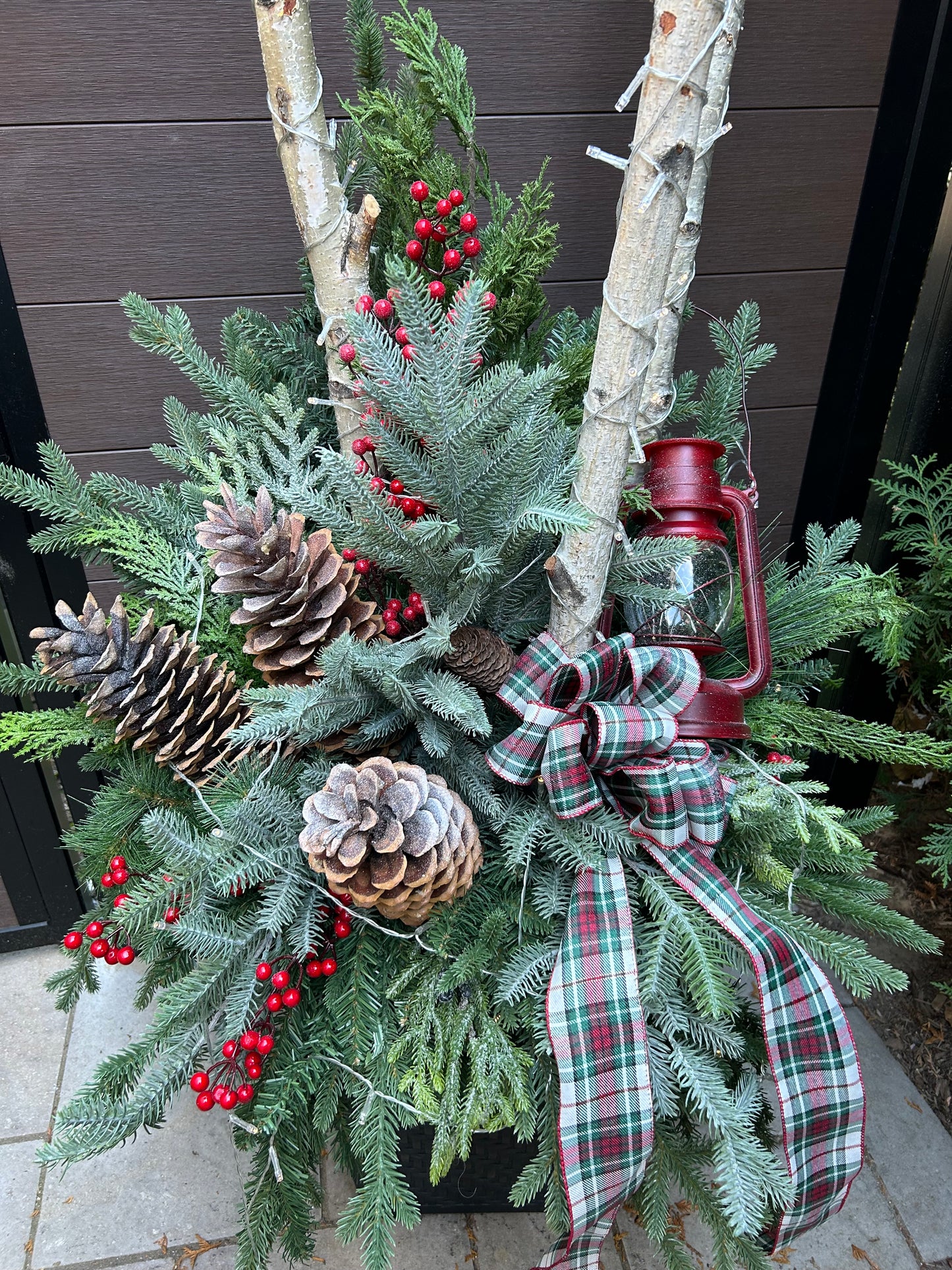 Grand arrangement hivernal extérieur 72 po – Bouleau, verdure et tartan
