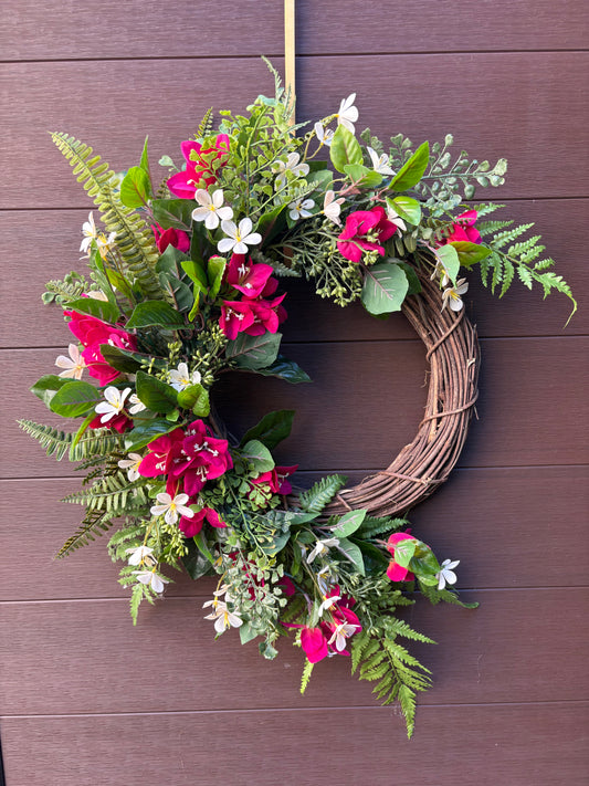 Raspberry bougainvillea spring wreath front door