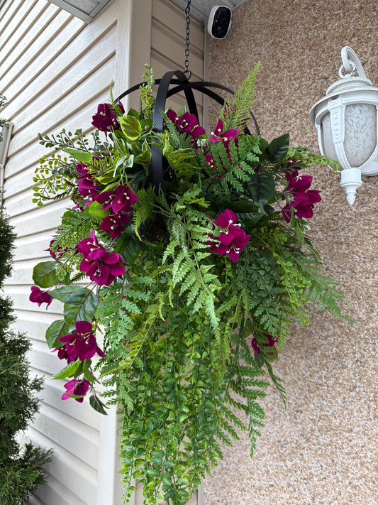 Suspended metal sphere – Plum bougainvillea