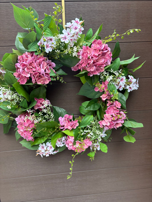 Romantic pink hydrangea artificial flower wreath – outdoor door