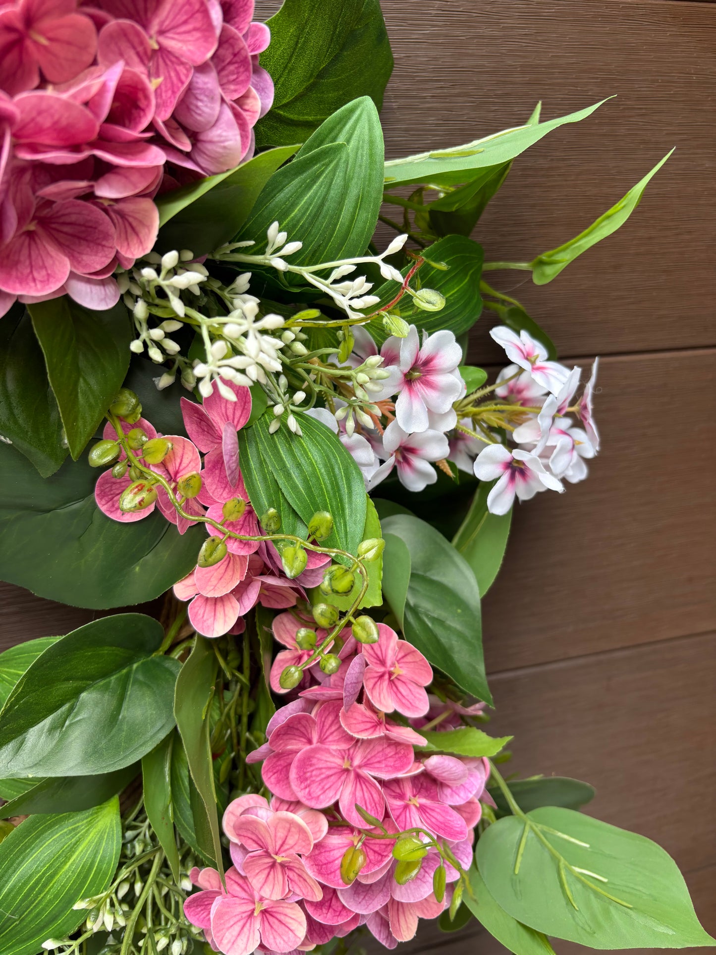 Couronne fleurs artificielles roses hydrangea romantique – porte extérieure