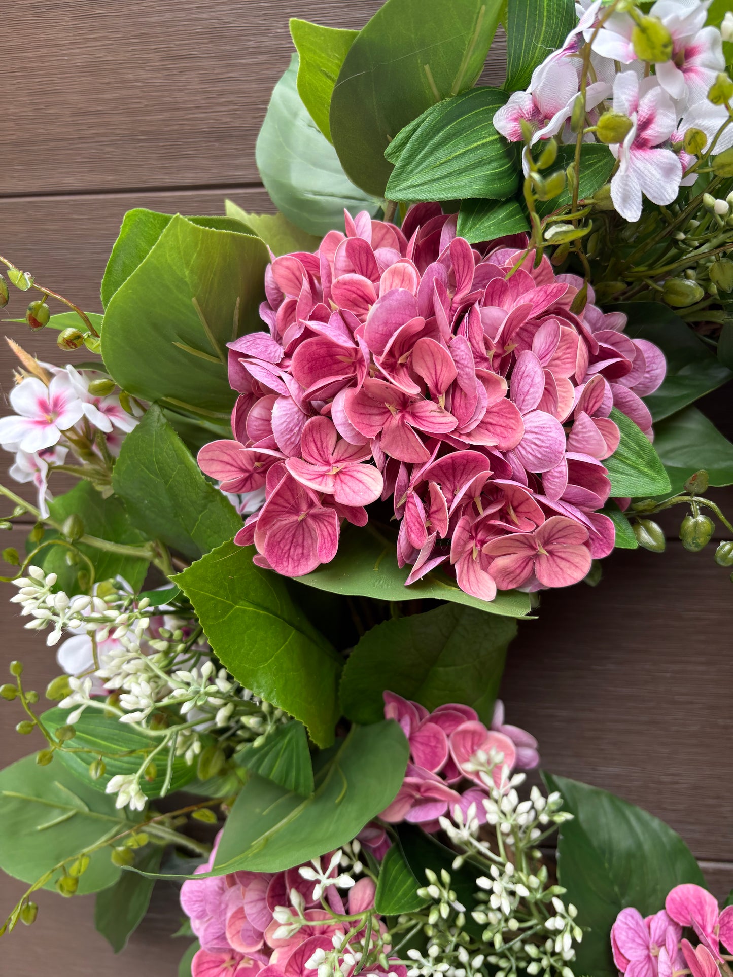 Couronne fleurs artificielles roses hydrangea romantique – porte extérieure