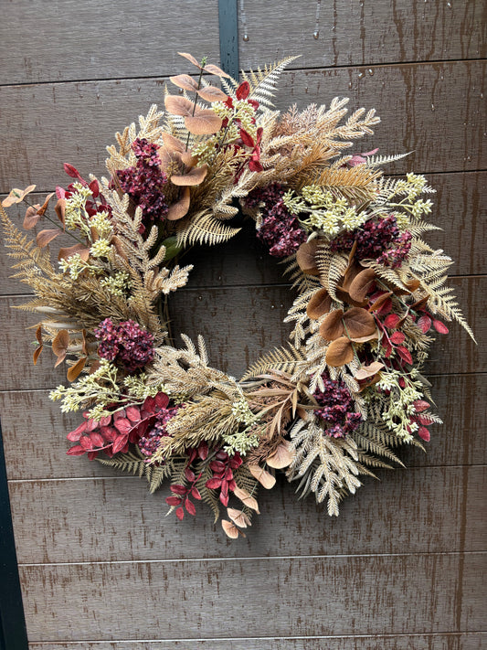 Couronne d’automne bourgogne et beige 26 pouces – Style rustique chic