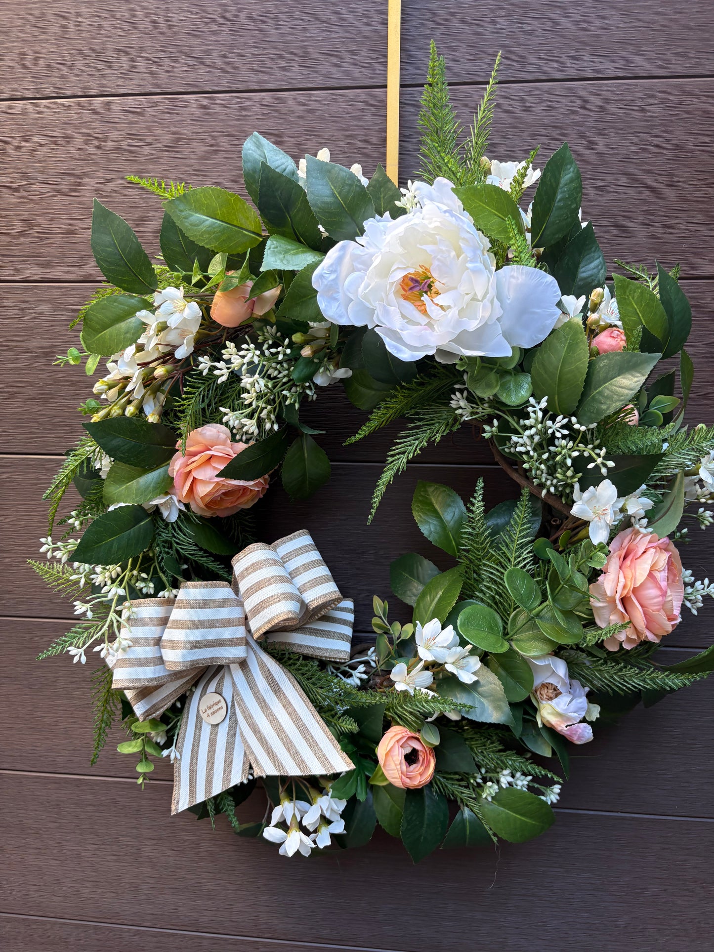 Couronne florale pêche et blanc avec nœud – style romantique chic