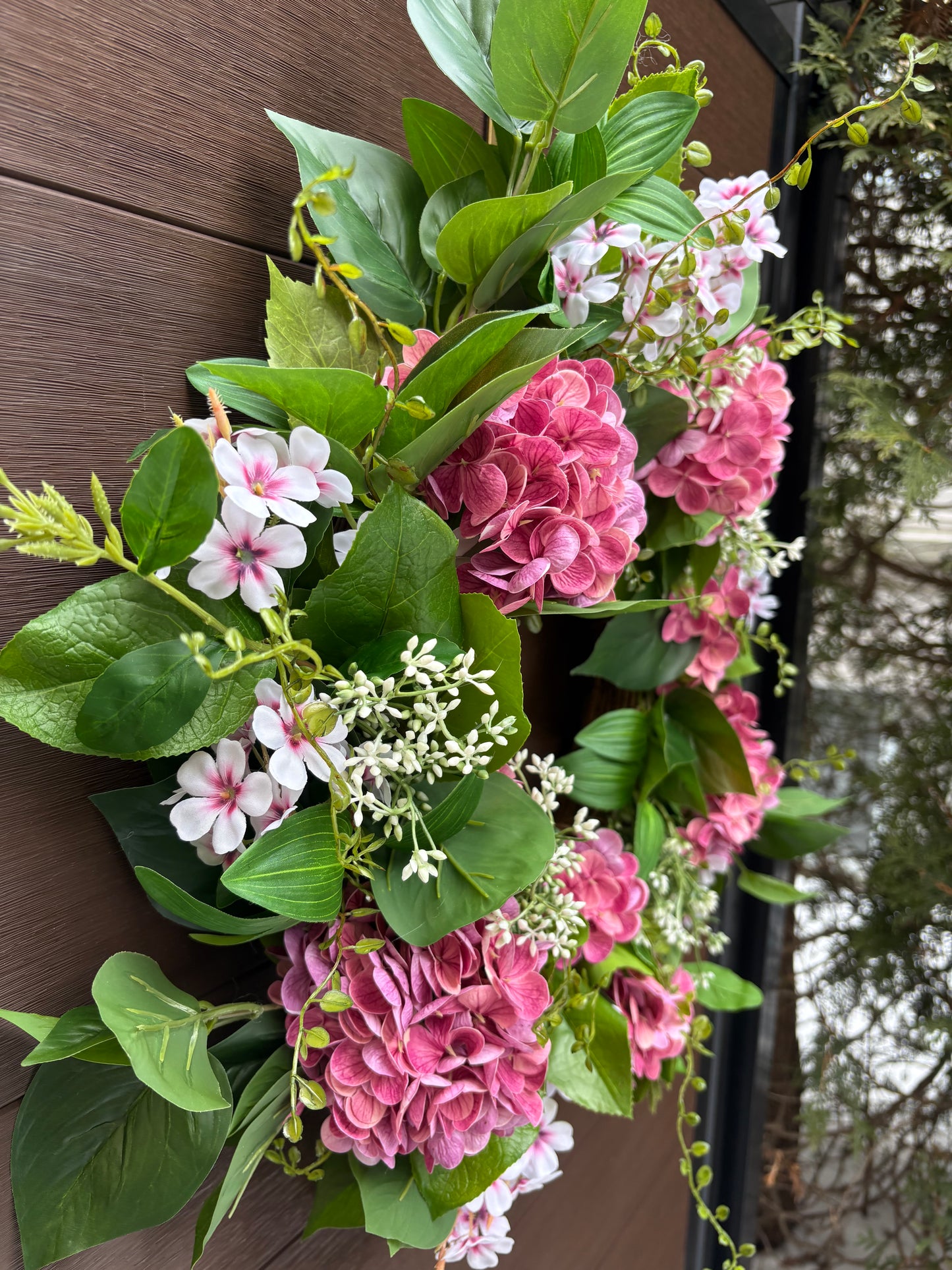 Couronne fleurs artificielles roses hydrangea romantique – porte extérieure