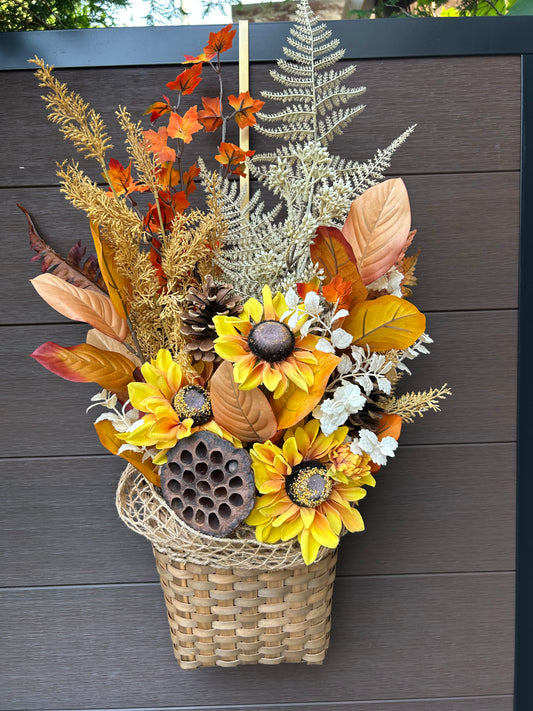 Panier mural automne tournesols et feuillage rustique chic