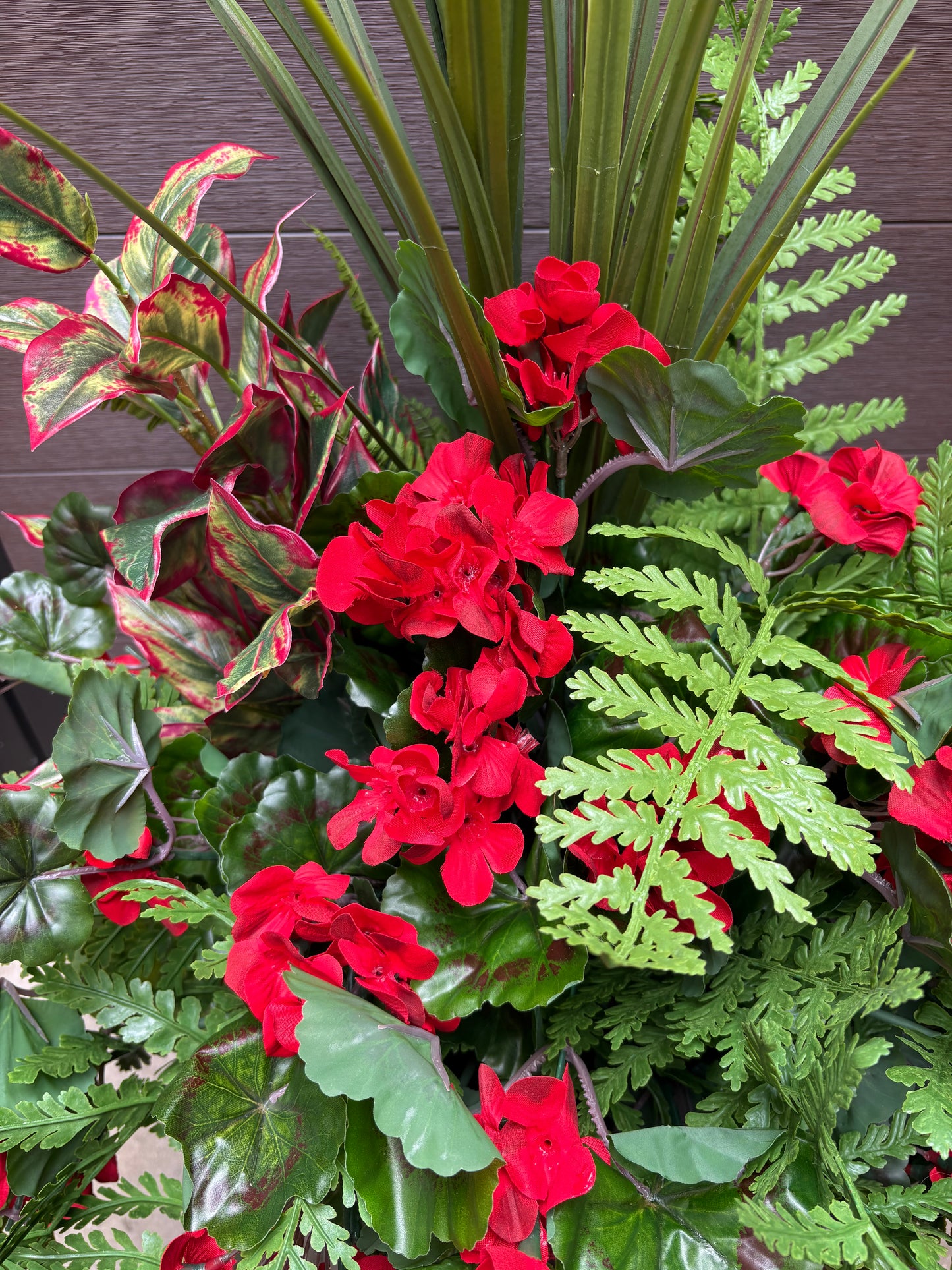 Arrangement extérieur – Géranium, fougère et feuillage panaché