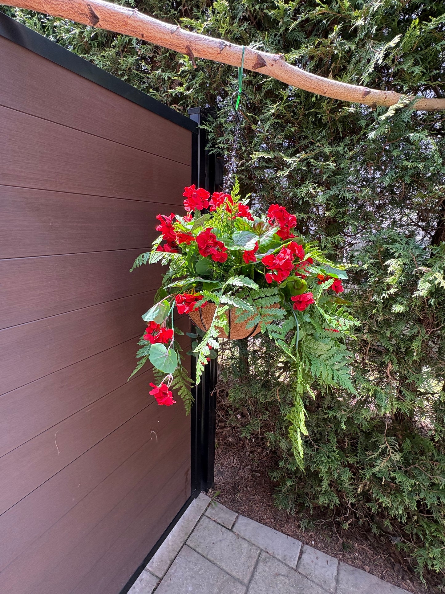 Panier suspendu rustique chic en coco traité UV – Géranium rouge | Collection Camille