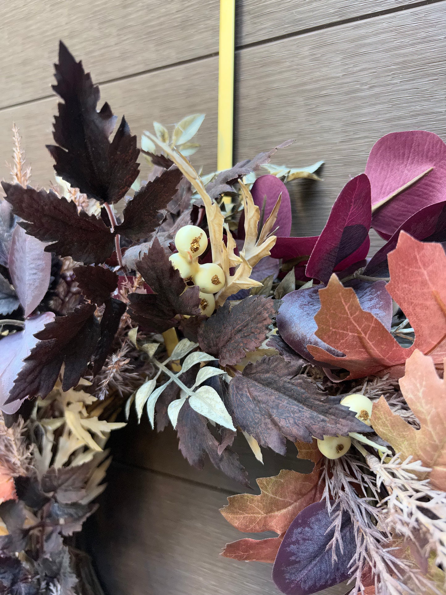 Détail des feuillages bordeaux et cuivrés de la couronne d’automne