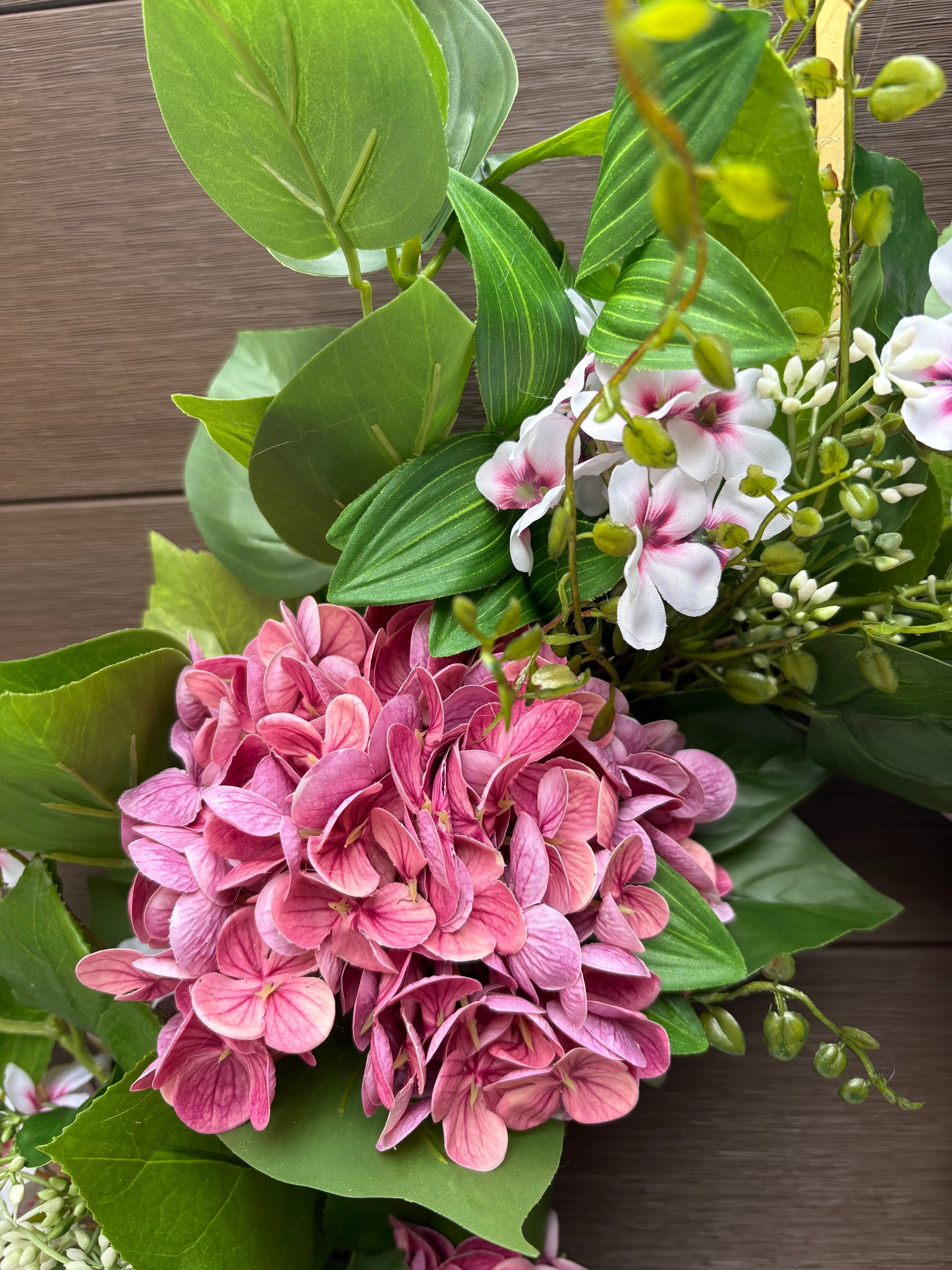 Couronne fleurs artificielles roses hydrangea romantique – porte extérieure