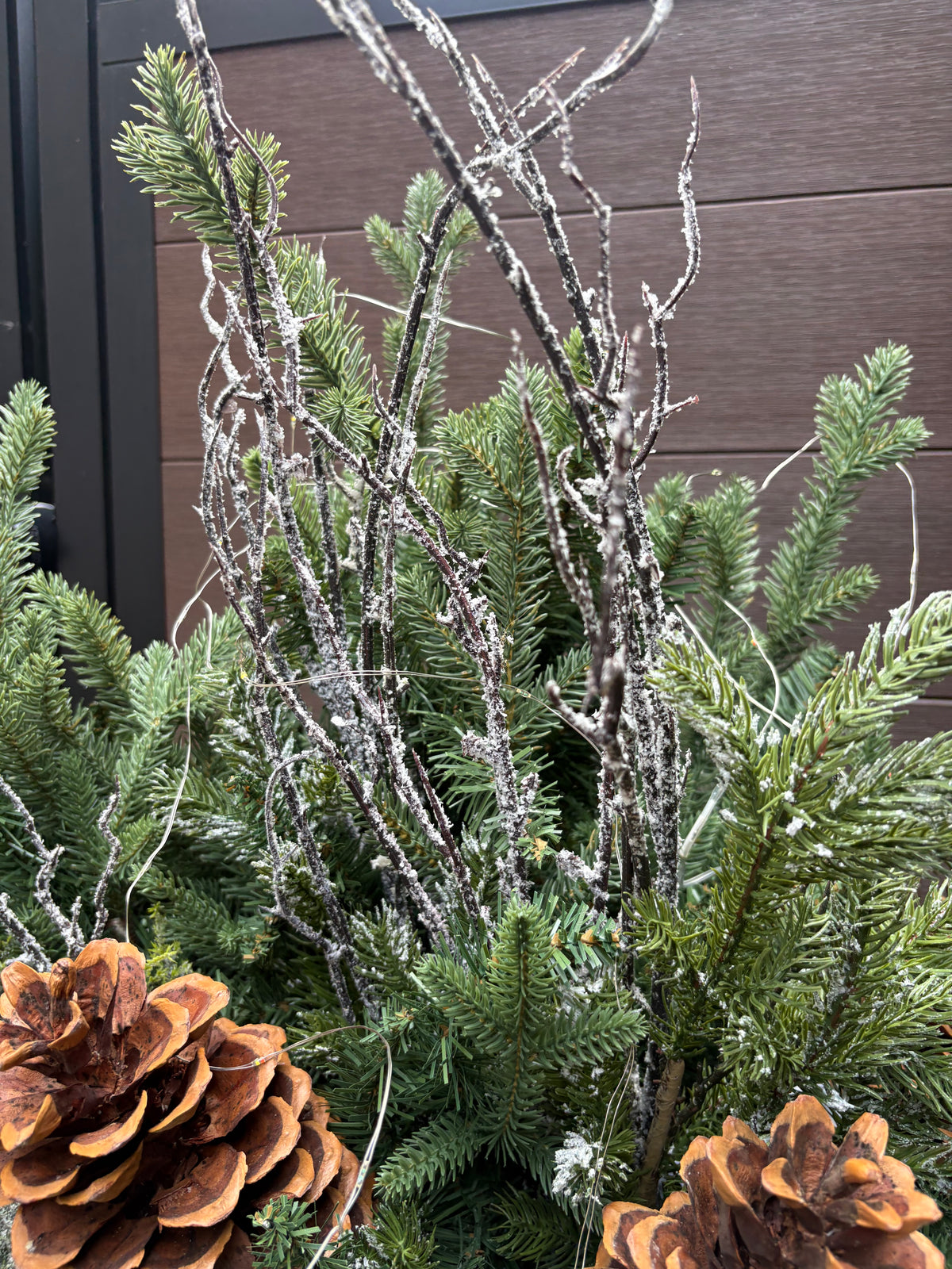 Arrangement hivernal naturel avec grandes cocottes et baies blanches – 36 × 28 po
