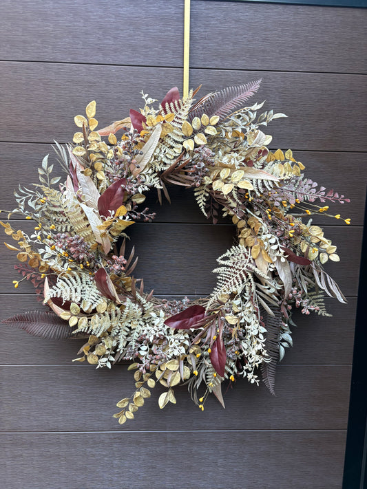 Elegant autumn wreath with golden foliage and burgundy velvet ribbon – Front door decoration