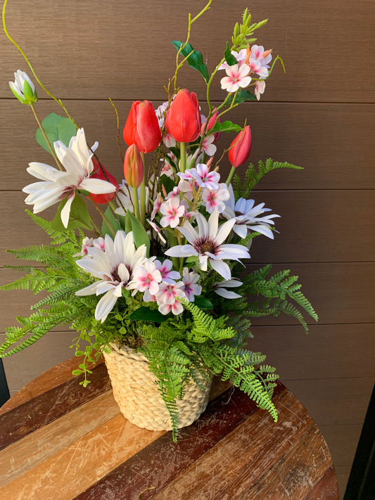 Artificial floral arrangement in wicker pot – Pink tulips, daisies and hydrangea – 22 inches