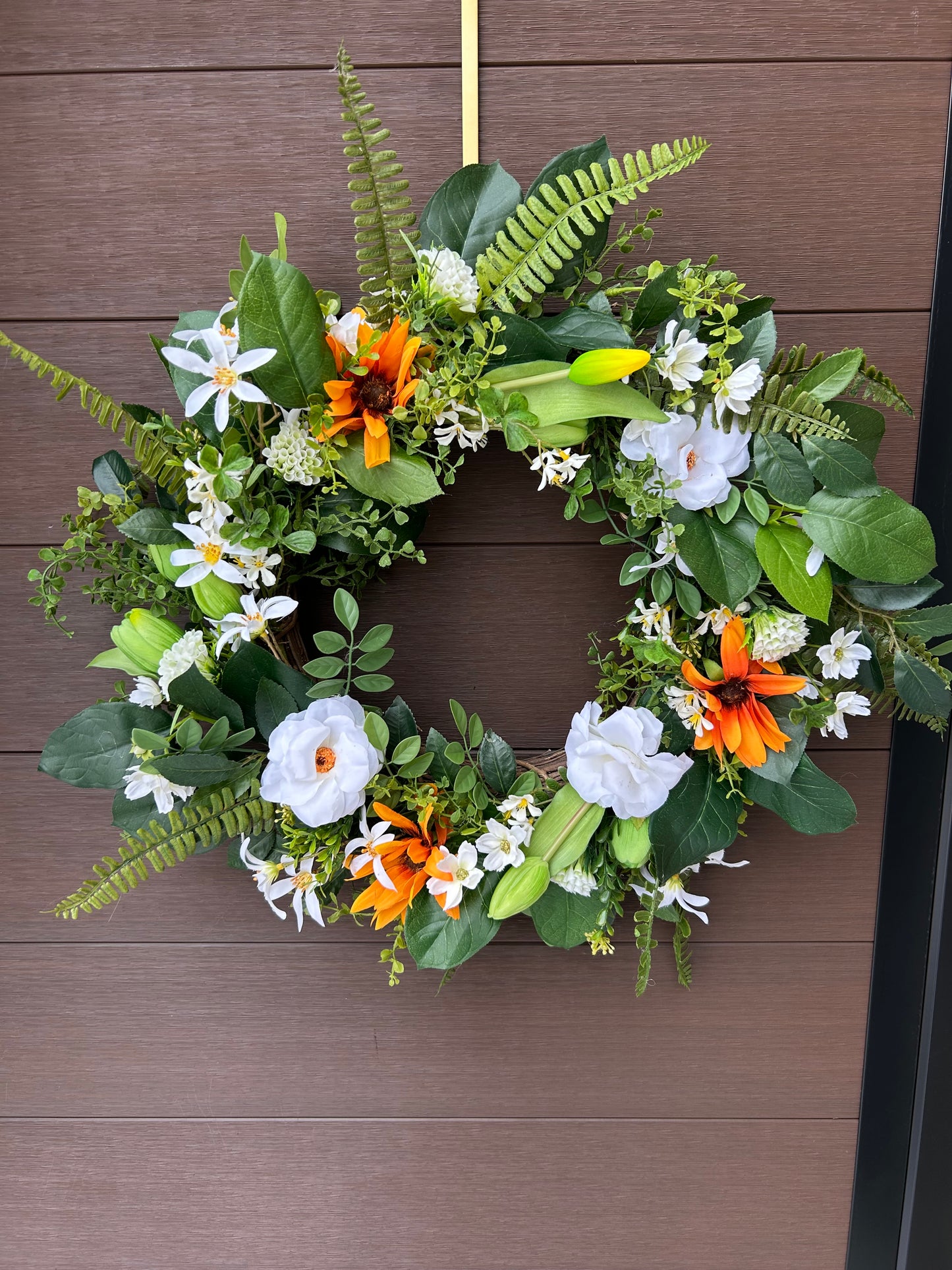 Artificial rustic floral wreath – White magnolia, rudbeckia, and eucalyptus – 23 inches