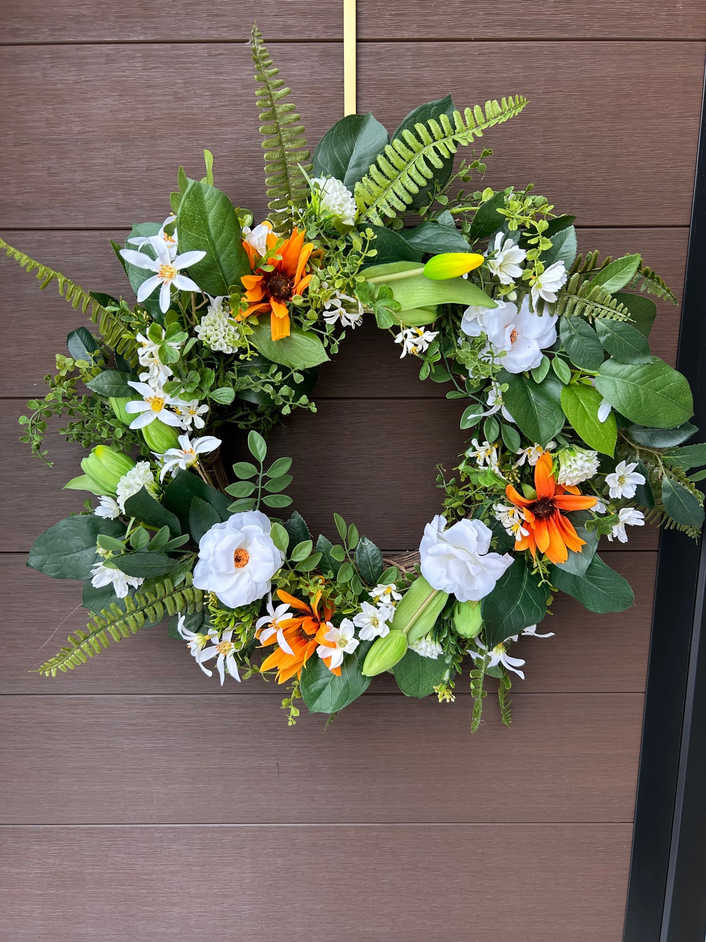 Artificial rustic floral wreath – White magnolia, rudbeckia, and eucalyptus – 23 inches