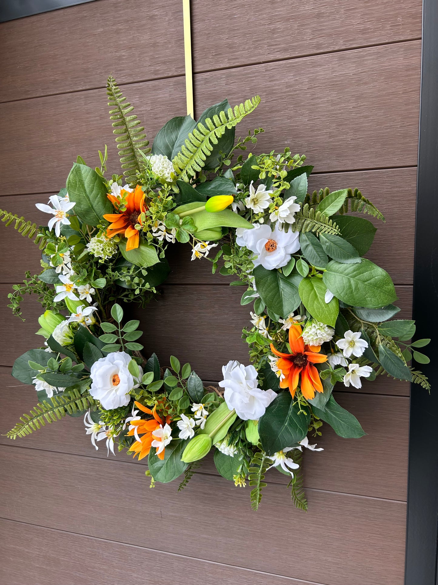 Artificial rustic floral wreath – White magnolia, rudbeckia, and eucalyptus – 23 inches