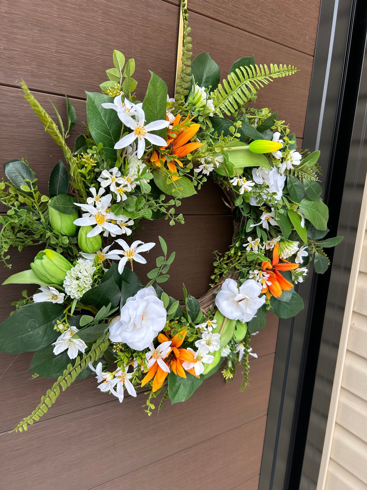 Artificial rustic floral wreath – White magnolia, rudbeckia, and eucalyptus – 23 inches
