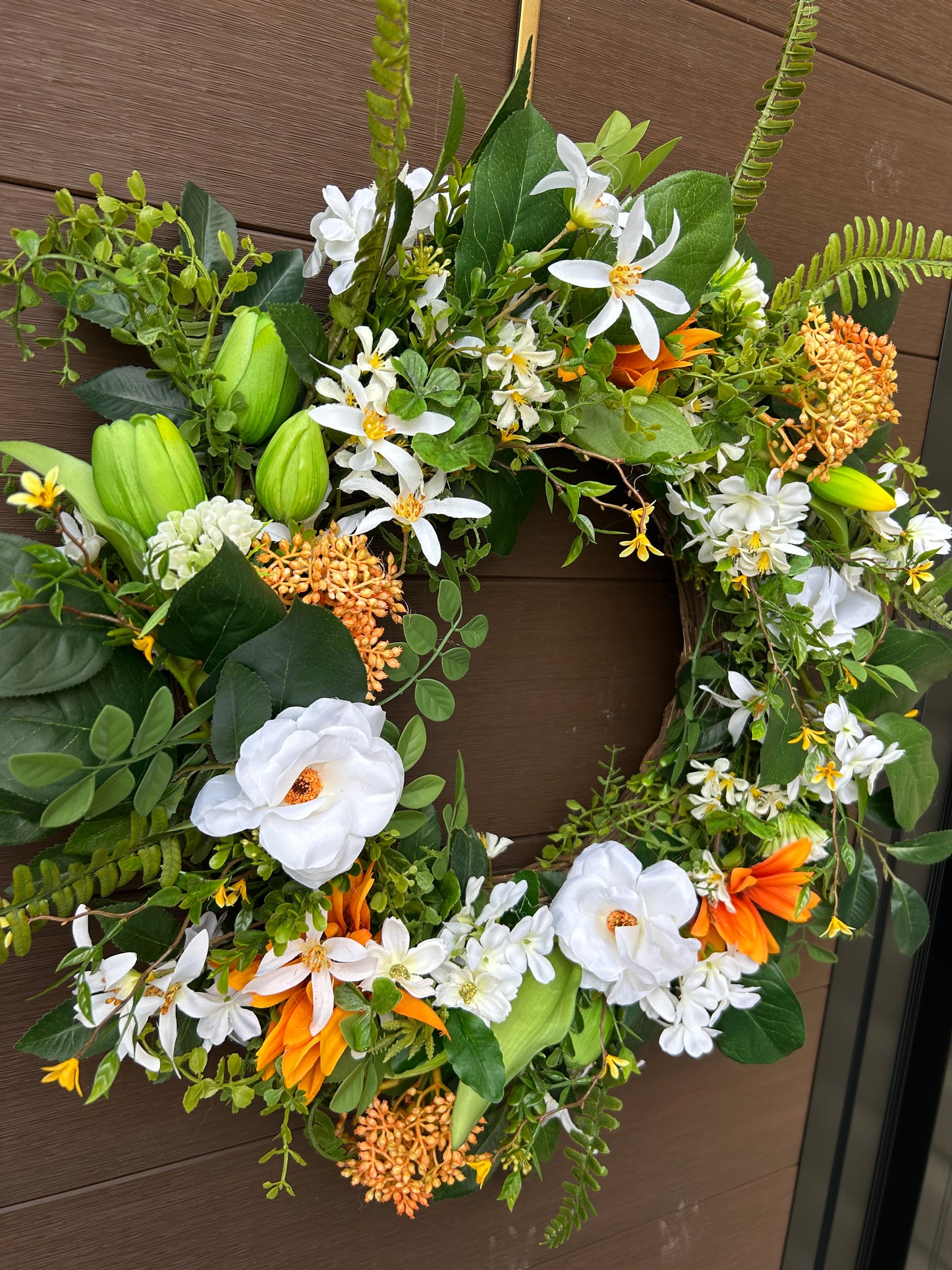 Artificial rustic floral wreath – White magnolia, rudbeckia, and eucalyptus – 23 inches