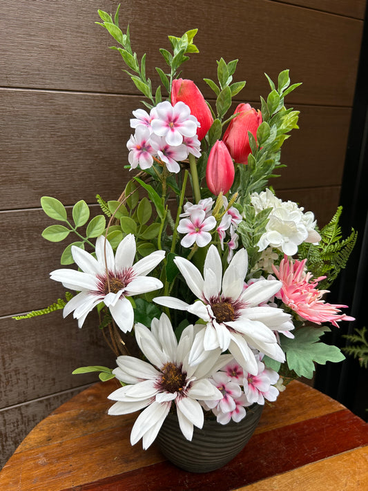 Artificial Floral Arrangement – Pink Tulips, Hydrangea and Daisies – 22 inches – Black Pot