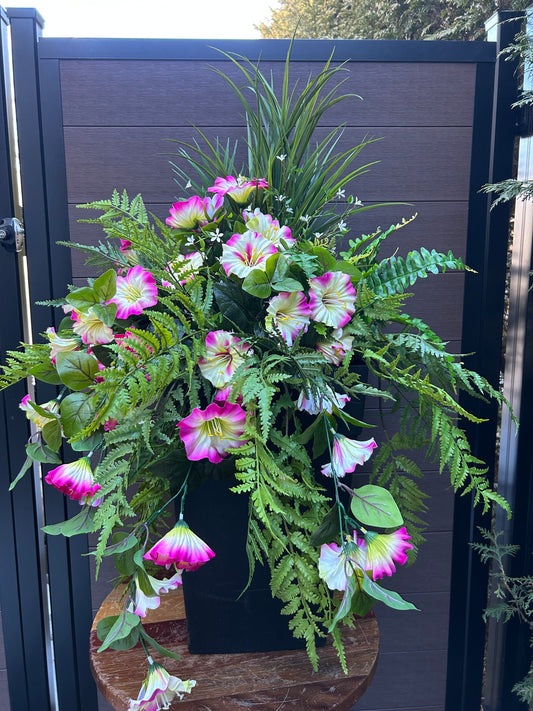 Artificial outdoor potted floral arrangement – pink and white petunias for entryway, terrace, or patio