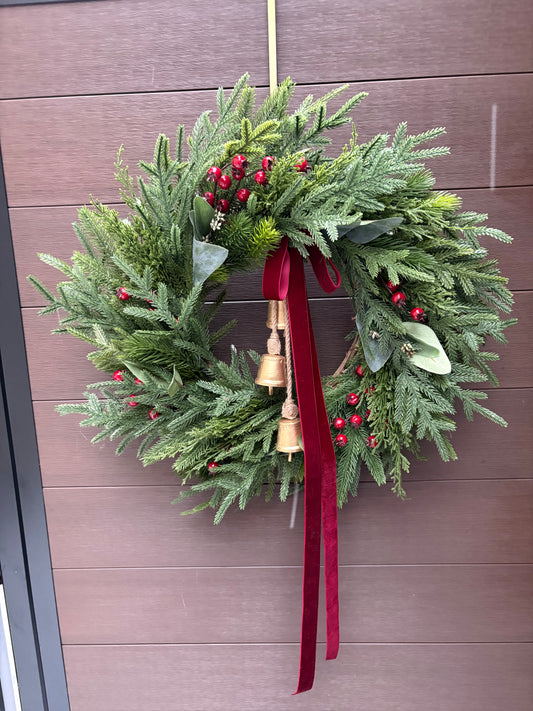 Large Christmas wreath for front door – Pine, eucalyptus and red berries with burgundy ribbon and bells – 26 inches
