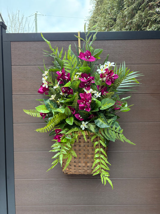 Floral wall basket with bougainvillea and plum blossoms – Front door decoration with ferns and greenery – 29 x 18 inches