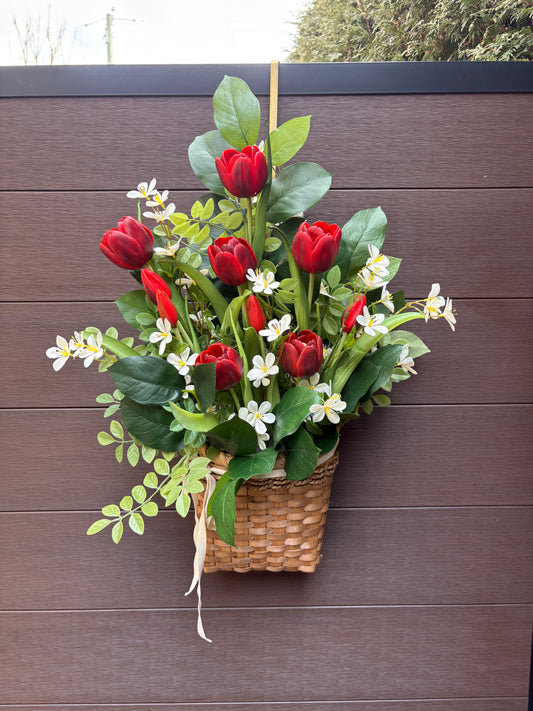 Spring wall basket with red tulips – Floral arrangement with lemon and acacia leaves – 24 x 18 inches