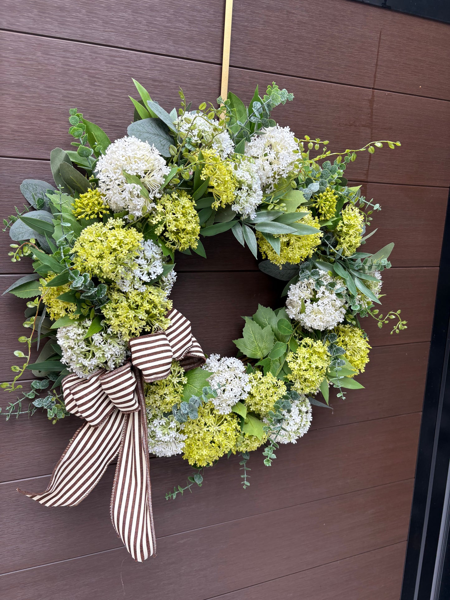 White and green floral wreath – realistic hydrangea and foliage