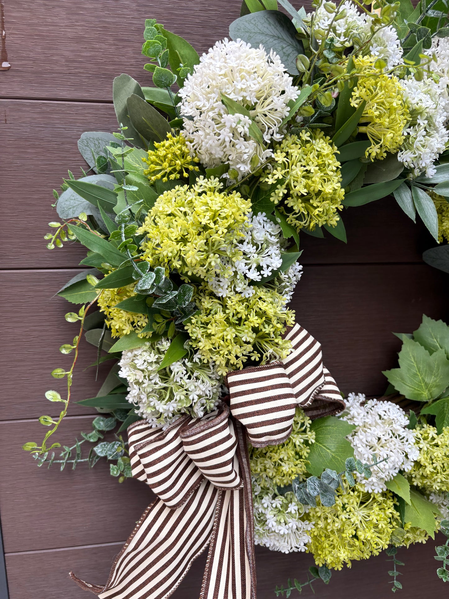 White and green floral wreath – realistic hydrangea and foliage