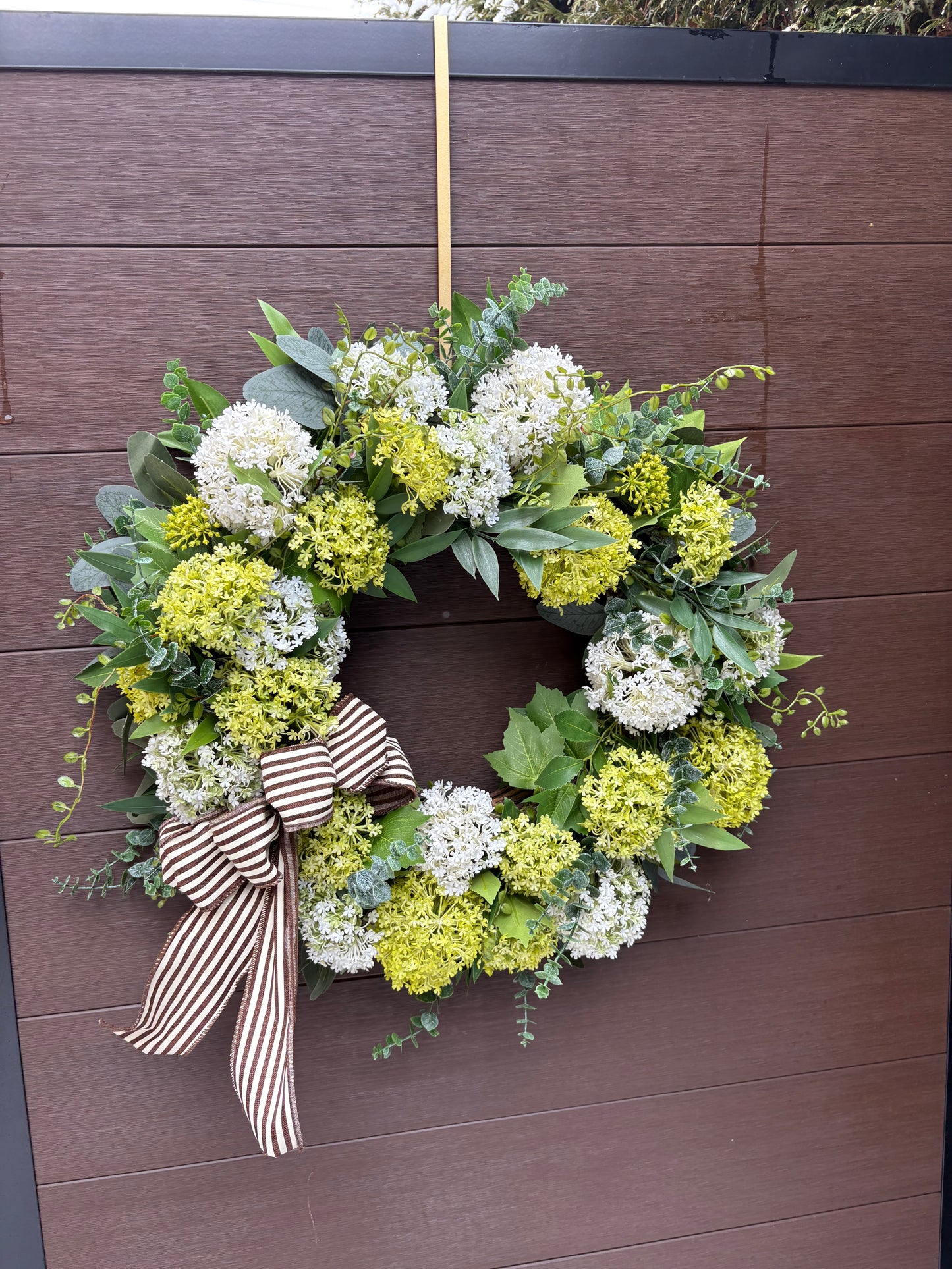 White and green floral wreath – realistic hydrangea and foliage