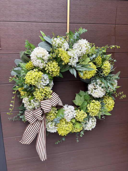 White and green floral wreath – realistic hydrangea and foliage
