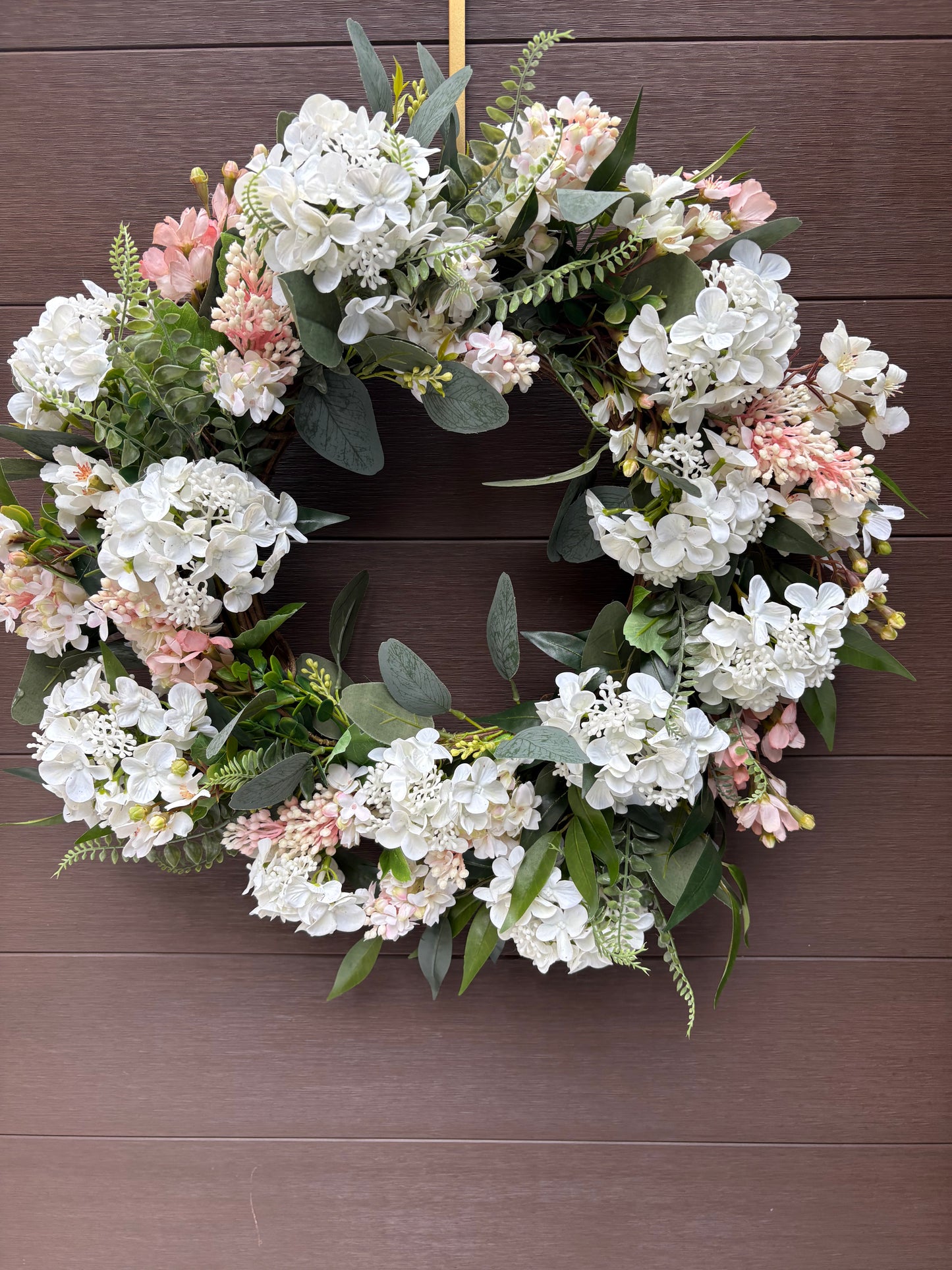 Door wreath – white and lilac hydrangeas