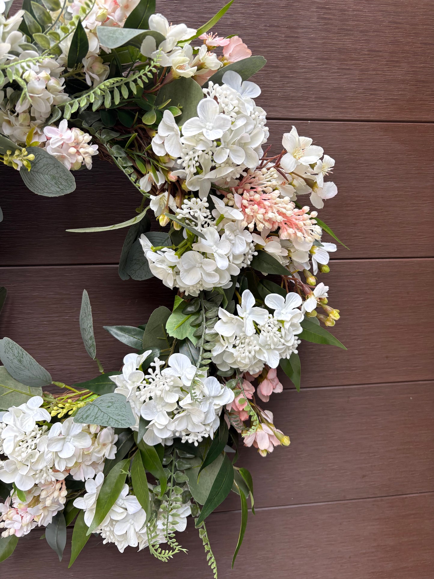 Door wreath – white and lilac hydrangeas