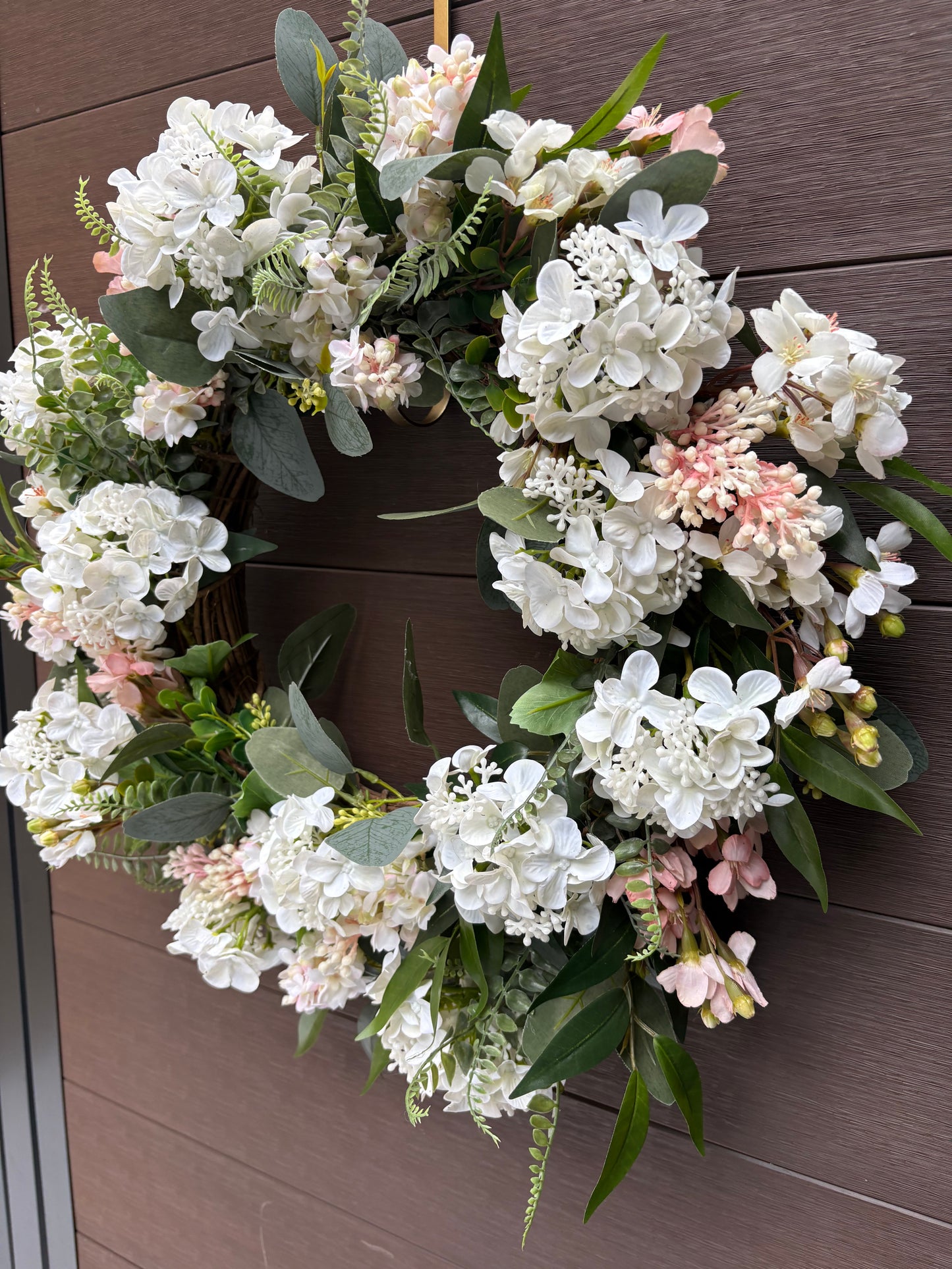 Door wreath – white and lilac hydrangeas