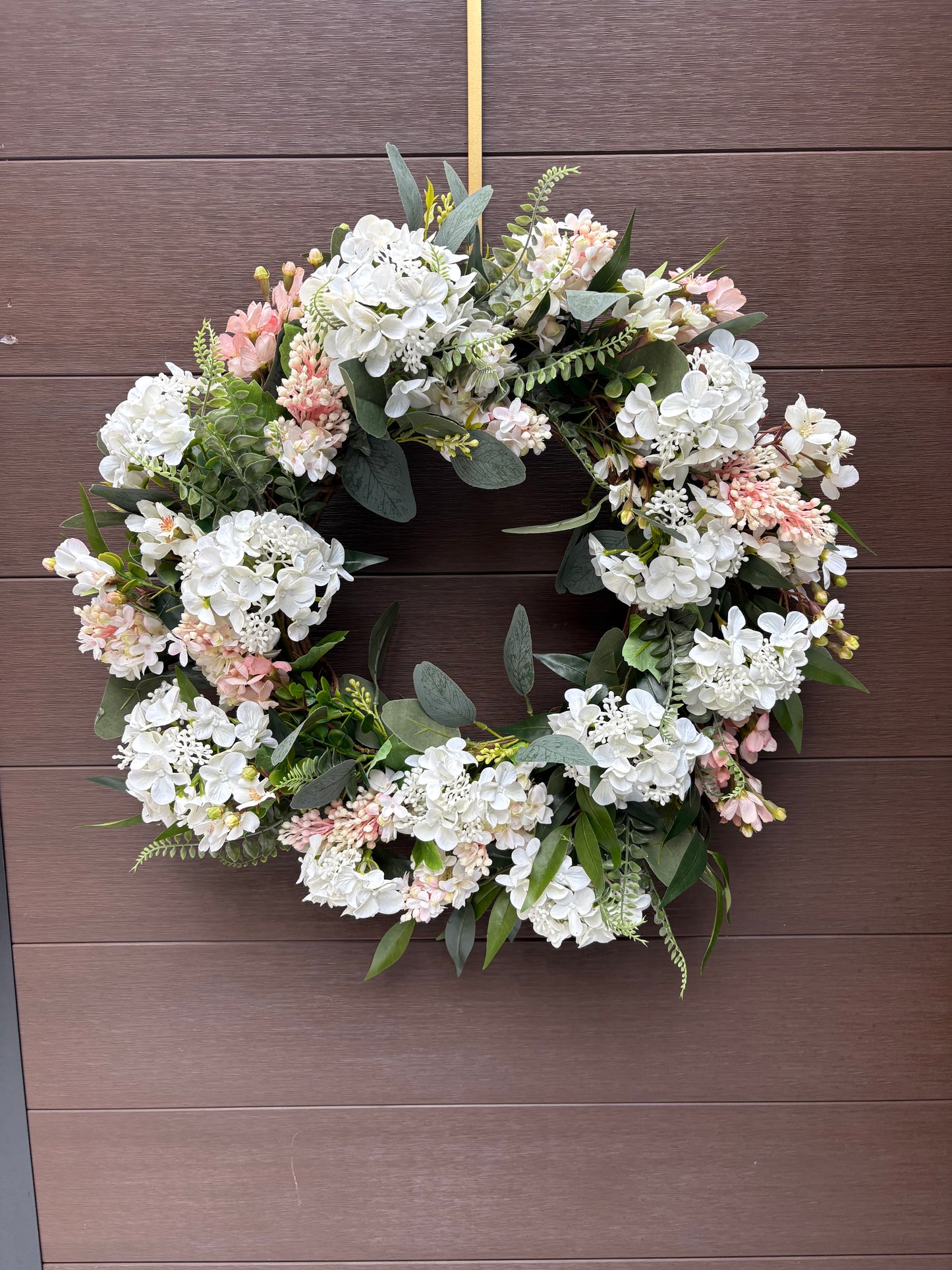 Door wreath – white and lilac hydrangeas