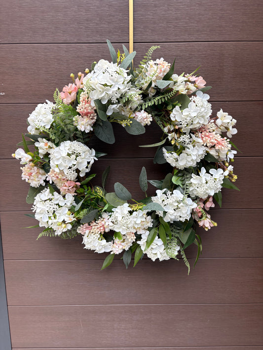 Door wreath – white and lilac hydrangeas