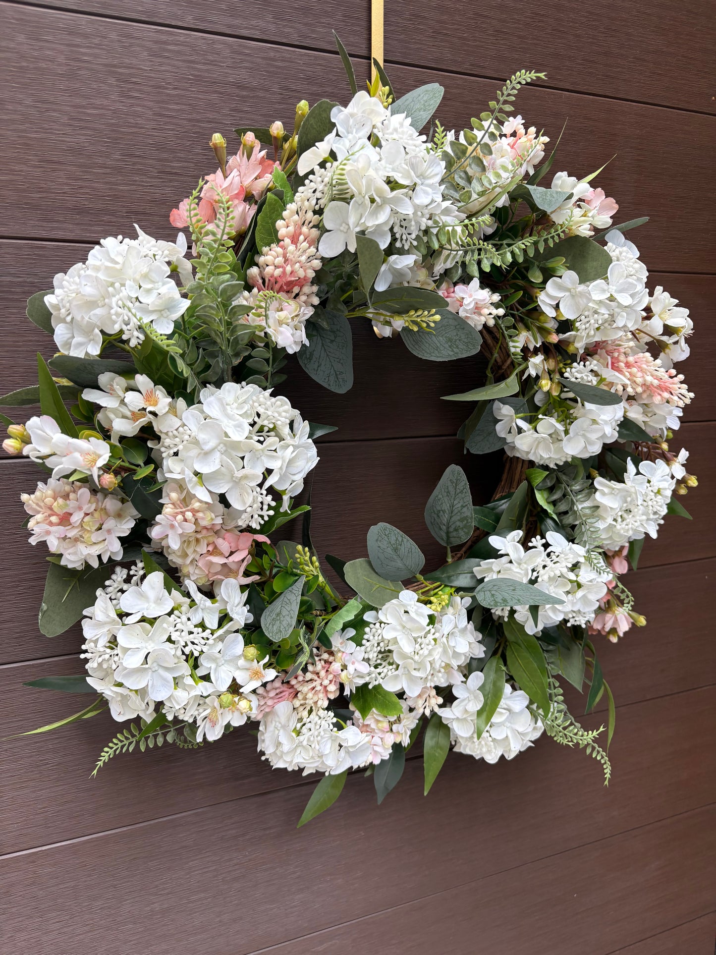 Door wreath – white and lilac hydrangeas