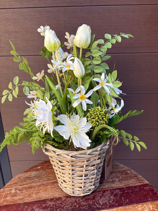Artificial White Floral Arrangement 18 x 13 inches – White Tulips, Star Flowers, and Natural Foliage