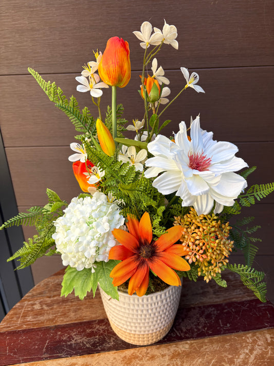 Lighted Artificial Floral Arrangement – Orange Tulips, White Hydrangea, and Magnolia – 22 x 12 in