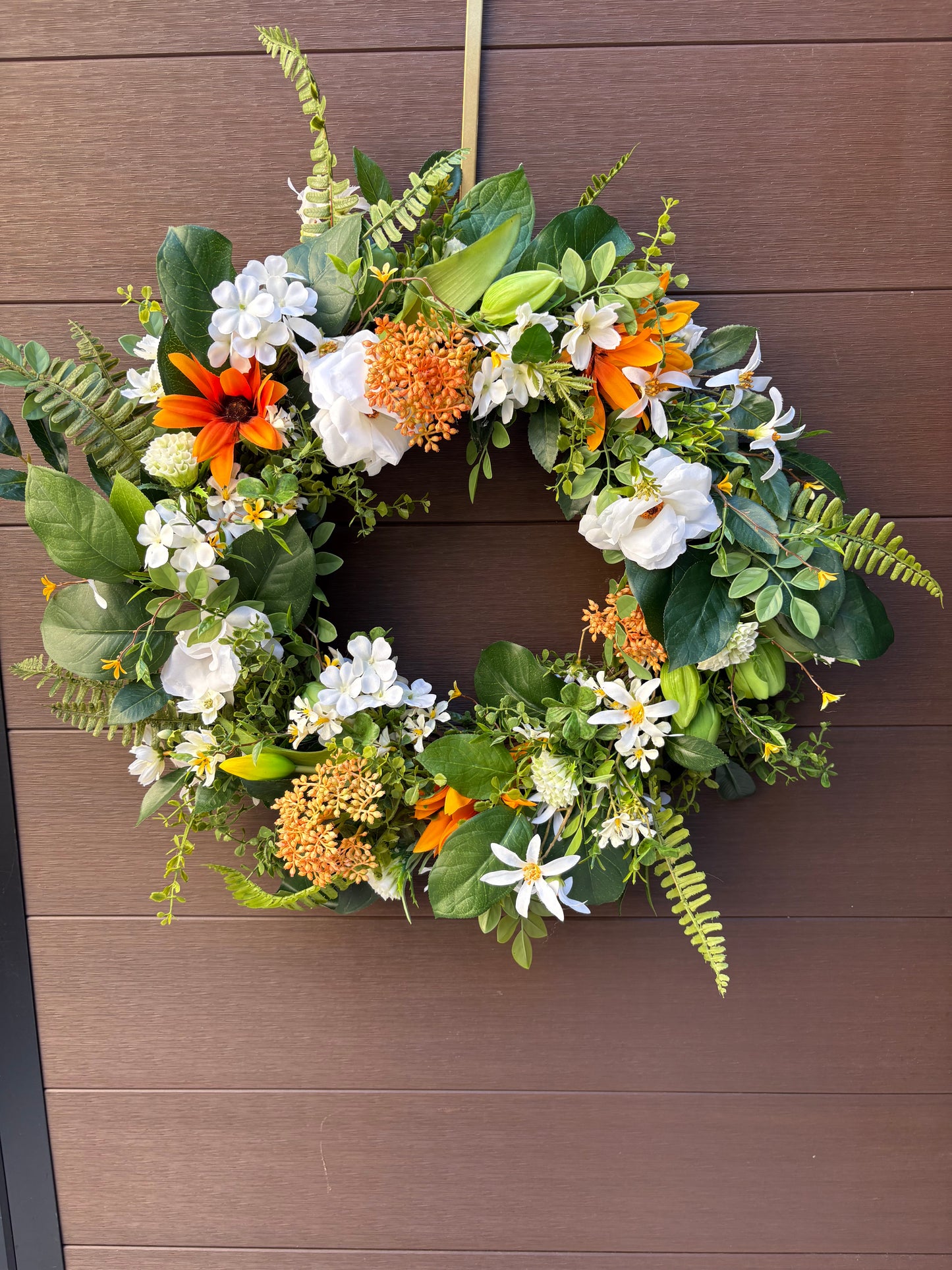 Artificial rustic floral wreath – White magnolia, rudbeckia, and eucalyptus – 23 inches
